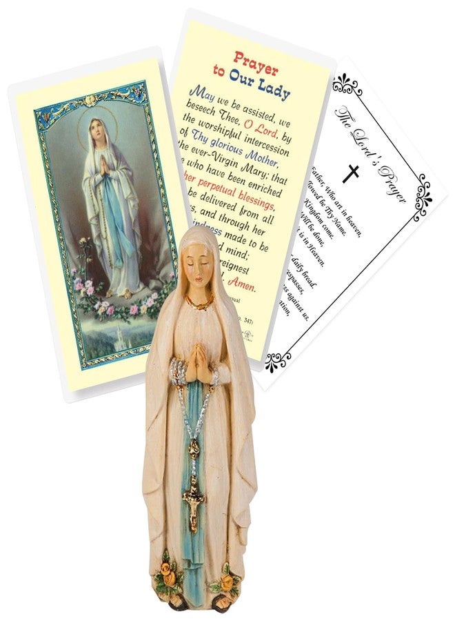 Trendzeen 4 inch Our Lady of Lourdes Statue - Laminated Catholic Card, The Lord's Prayer - Our Lady of Lourdes Figurine for Home Decor, Altar - 3 Items Set - Image 1